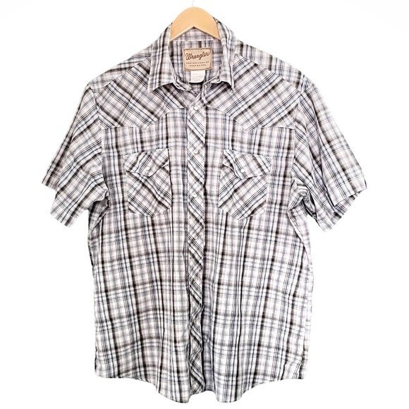 Wrangler Shirt Men’s Size XL Short Sleeve Western Pearl Snap Blue White Plaid - Picture 1 of 6